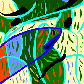 „Abundance“, digitale Malerei von Michael Thalmann: Geschichtete Formen und blattartige Texturen feiern Fülle und Wachstum.