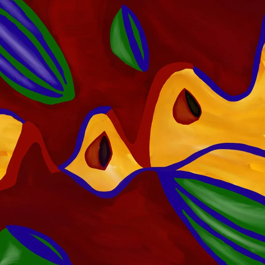 „Apple Pie“, digitale Malerei von Michael Thalmann: Organische Formen in einer lebendigen, surrealen abstrakten Komposition.