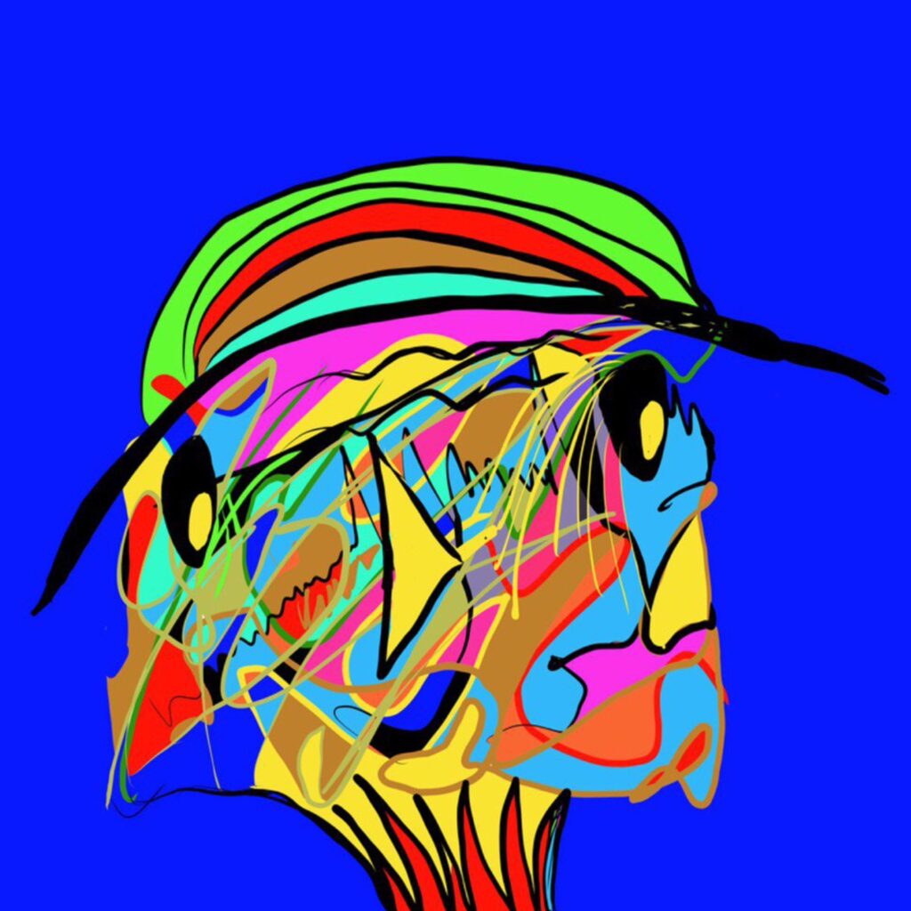 „Birds“, digitale Malerei von Michael Thalmann: Ein doppelseitiger Kopf, gefüllt mit verschlungenen, vogelähnlichen Formen.