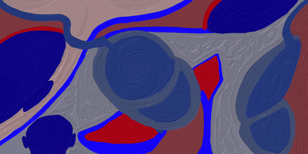 „Bonding“, digitale Malerei von Michael Thalmann: Schattenhafte, gesichtslose Köpfe in Blau, Rot und Grau, die eine subtile emotionale Verbindung andeuten.