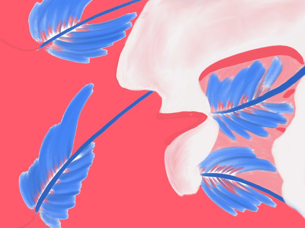 „Breath“, digitale Malerei von Michael Thalmann: Blasses Gesicht, das blaue Federn ausatmet.