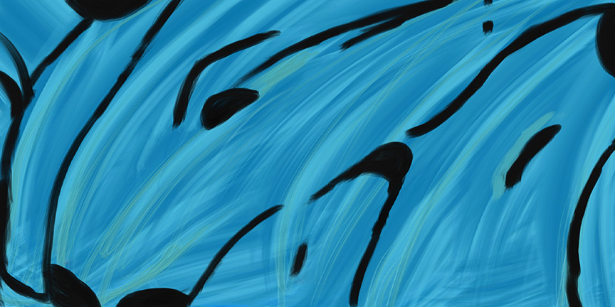 „Browse“, digitale Malerei von Michael Thalmann: Blaue und schwarze Formen, die an fragmentierte Pferdeköpfe im Schatten erinnern.
