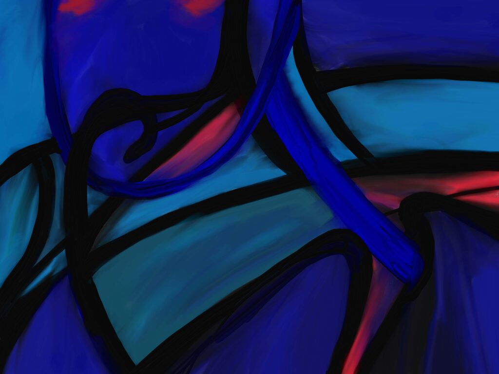 „Chamber“, digitale Malerei von Michael Thalmann: Dunkle, fließende Formen und ein leuchtender Kern, die einen inneren Raum andeuten.