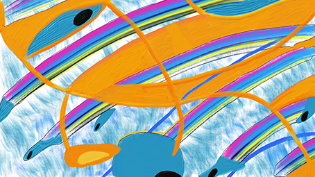 „Creation“, digitale Malerei von Michael Thalmann: Farbige Bänder, eingebettete Augen und fließende Formen, die Energie in Bewegung hervorrufen.