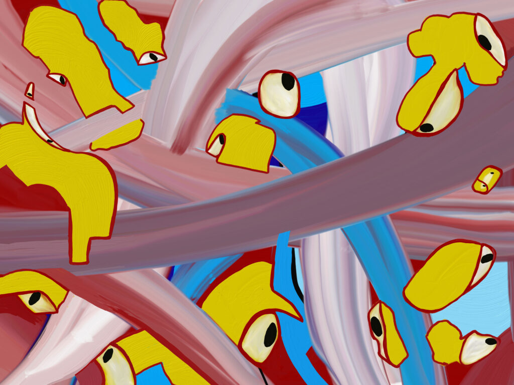 „Digitalisation“, digitale Malerei von Michael Thalmann: Bandartige Ströme und gelbe Fragmente mit Augenmotiven, die fragmentierte Präsenz andeuten.