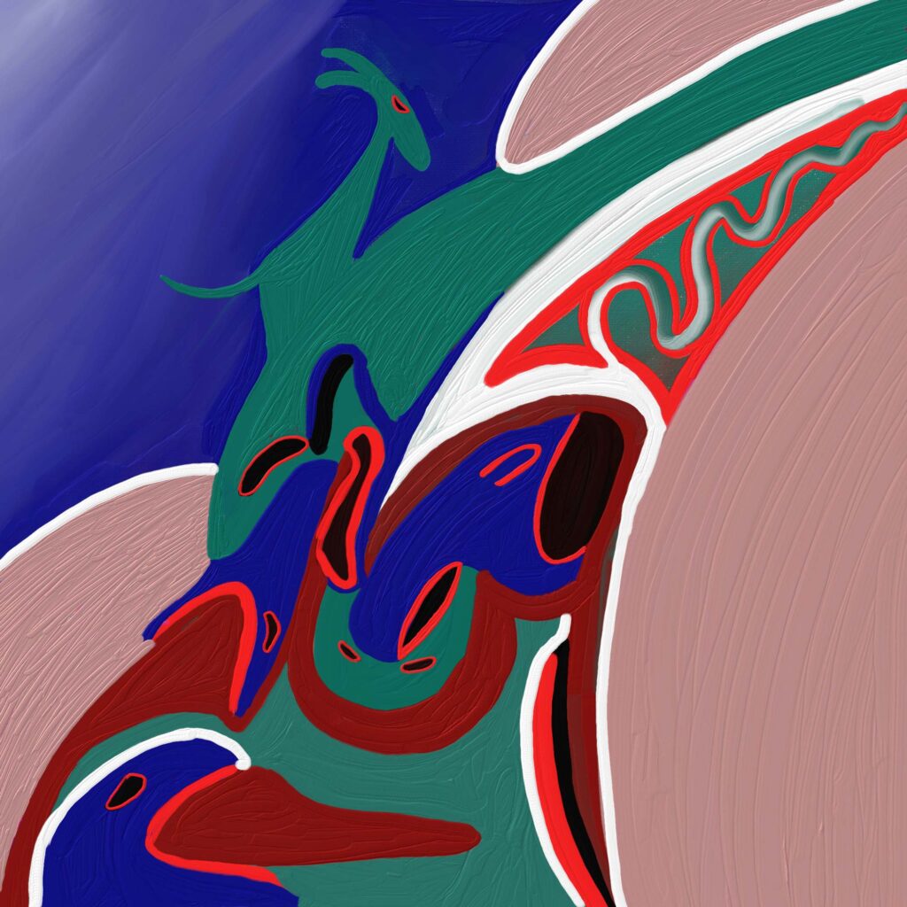 „Dreamtime“,digitale Malerei von Michael Thalmann: Abstrakte Formen, die Tiergeist und Anatomie in fließender Bewegung vereinen.
