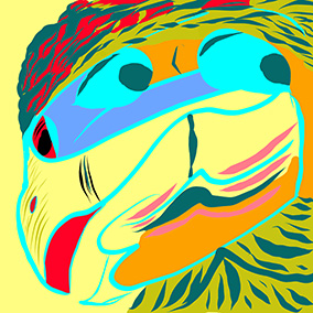 „Escape“, digitale Malerei von Michael Thalmann: Ein verzerrter gelber Kopf, aus dessen Mund ein roter Vogel hervorbricht.