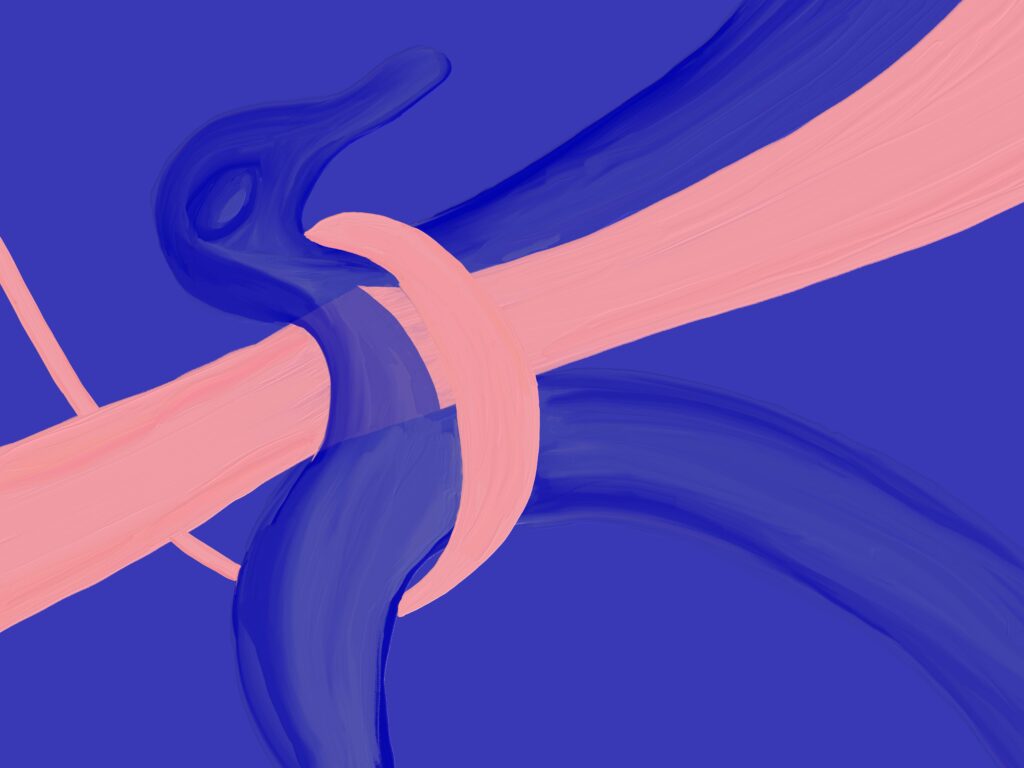„Fate“, digitale Malerei von Michael Thalmann: Weiche Farbbänder, die sich in sanfter Spannung miteinander verweben.