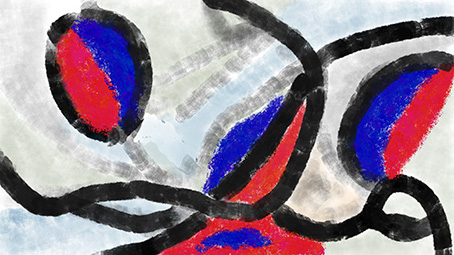 „Friendship“, digitale Malerei von Michael Thalmann: Ineinander verflochtene Linien und lebendige Farben symbolisieren menschliche Verbundenheit.