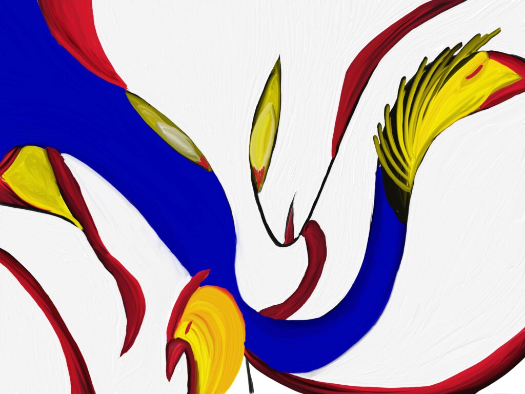 „Garden“, digitale Malerei von Michael Thalmann: Fließende rote und blaue Linien mit einer angedeuteten, schlangenartigen mythischen Gestalt.