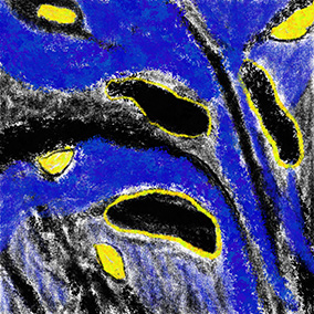 „Gathering“, Digitalgemälde von Michael Thalmann, dichte blaue, schwarze und gelbe Formen mit feinen Andeutungen von Gesichtern.