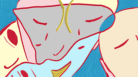 „Mirror“, digitale Malerei von Michael Thalmann: Übereinandergelagerte, weiche Gesichter mit geschlossenen Augen in abstrakter Spiegelung.
