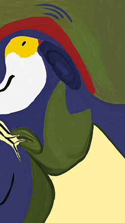 „Peace against Peace“, digitale Malerei von Michael Thalmann: Zwei abstrakte Köpfe, einer aufrecht, der andere kopfüber, wobei des einen Mund das Ohr des anderen ist, das sich in einen weißen Vogel verwandelt.