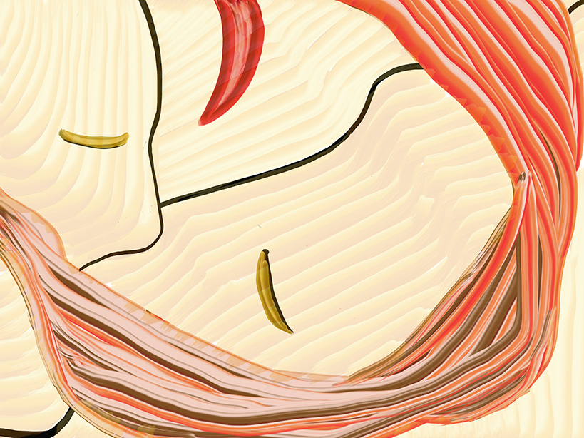 „Sisters“, digitale Malerei von Michael Thalmann: Drei abstrakte menschliche Gesichter mit einem gemeinsamen Haarstreifen.