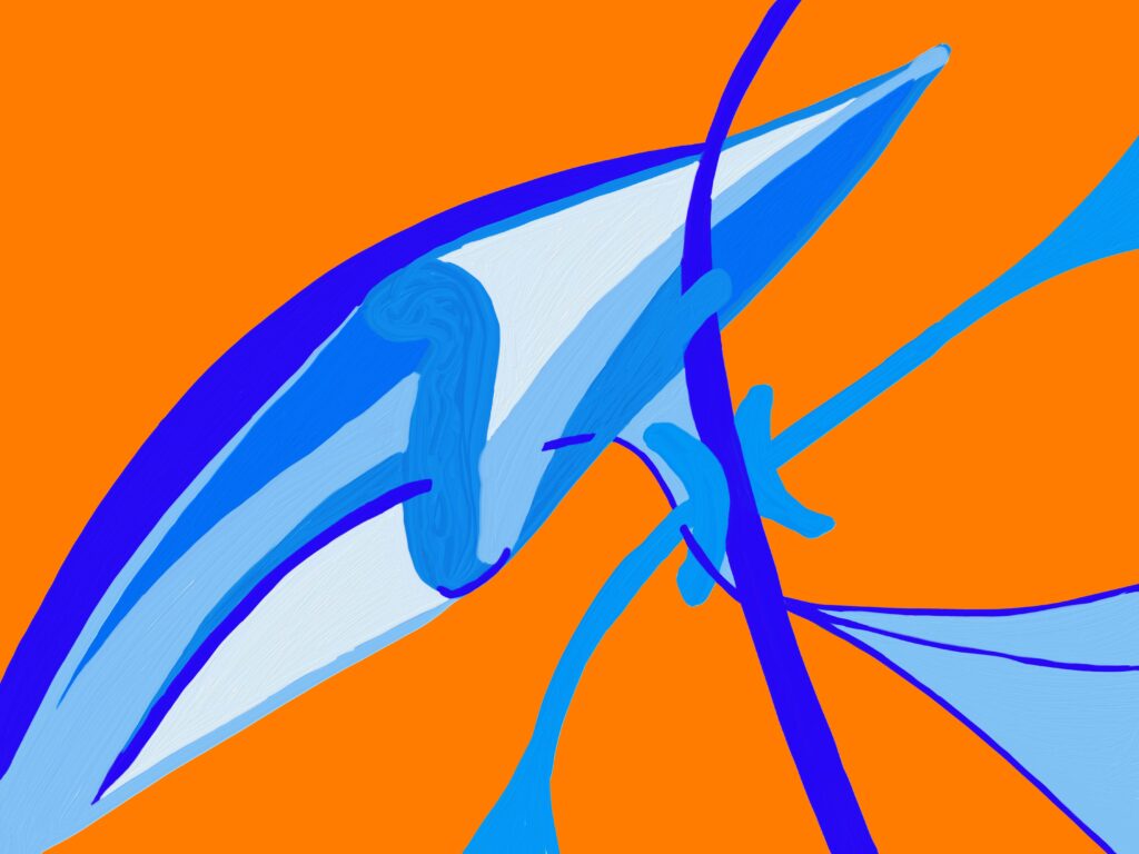 „Thinking“, digitale Malerei von Michael Thalmann: Flüssige blaue Form, isoliert in einem leuchtend orangefarbenen Raum.