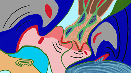 „Transition“, digitale Malerei von Michael Thalmann: Überlappende Köpfe und aufsteigende Formen, die Wandel und Transformation andeuten.