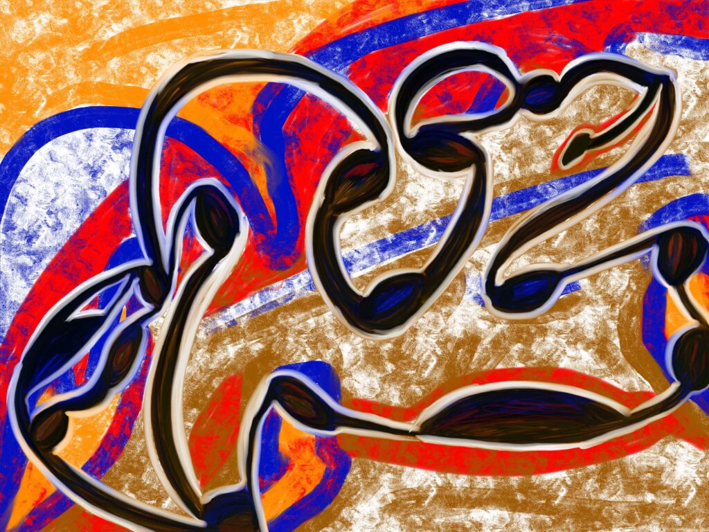 „Tribe“, digitale Malerei von Michael Thalmann: Kräftige schwarze Linien über erdigen Tönen und Blau, die Bewegung und eine Verbindung zu den Ahnen andeuten.