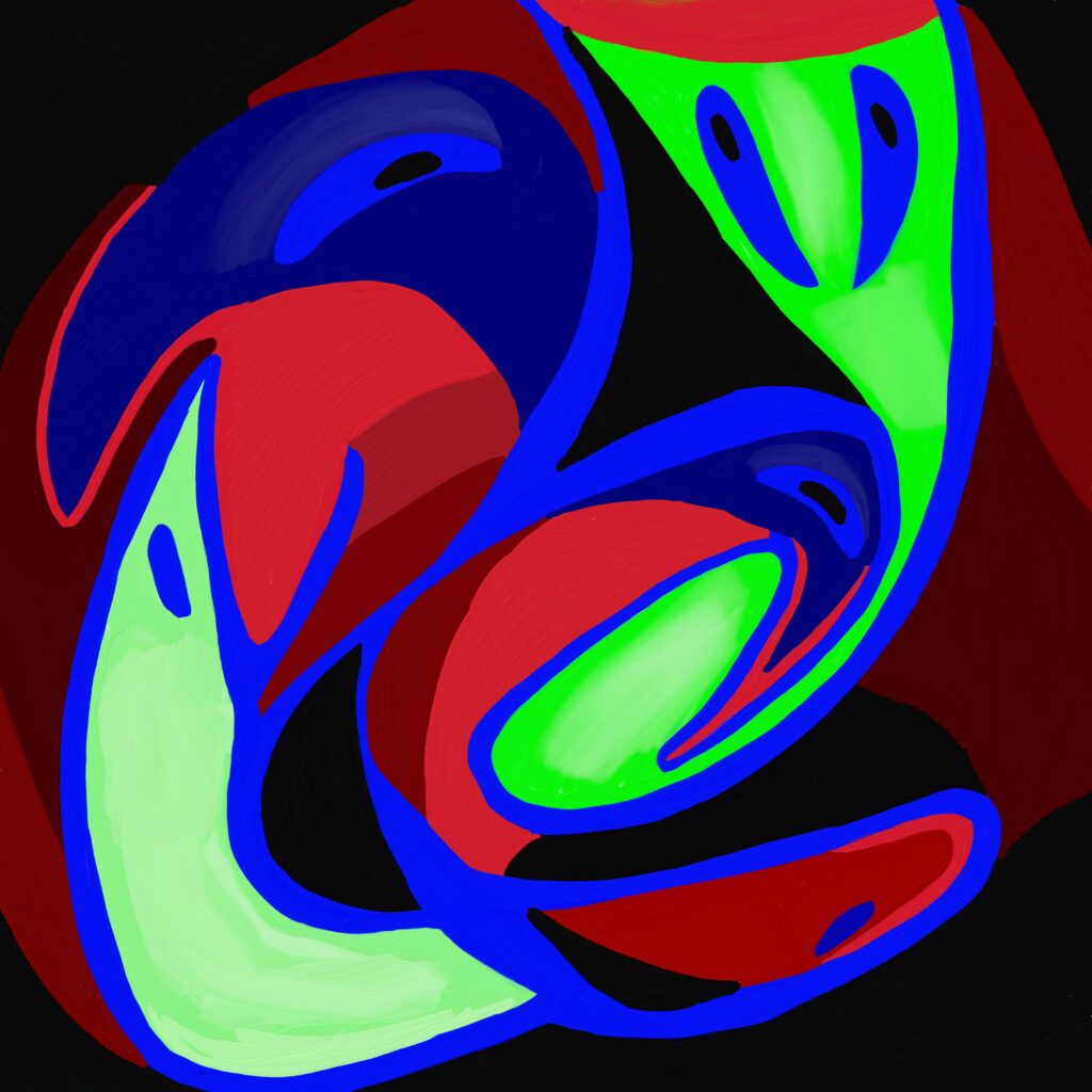 „Trinity“, digitale Malerei von Michael Thalmann: Drei ineinander verschlungene Figuren in lebendiger Bewegung.
