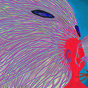 „Worlds“, digitale Malerei von Michael Thalmann: Eine seelöwenähnliche Form, ein rotes Gesicht und ein Vogel, dessen Schnabel eine Nase bildet.