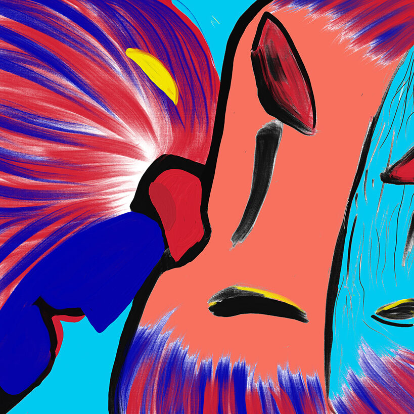 „Encounter“, digitale Malerei von Michael Thalmann: Zwei abstrakte Gesichter, die aufeinandertreffen und zwischen Verbindung und Spannung schweben.