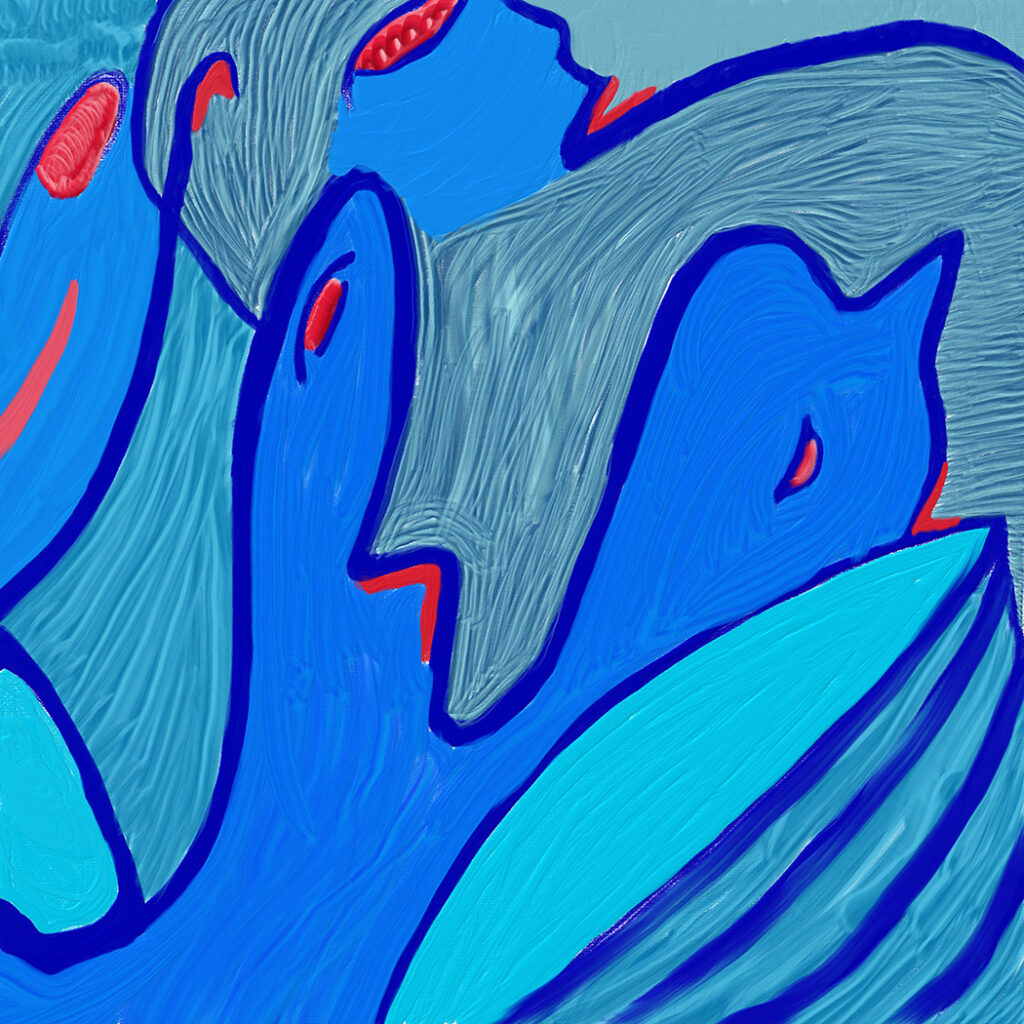 „Ensemble“, digitale Malerei von Michael Thalmann: Ineinander verschlungene blaue und rote Formen, die Gesichter und fischähnliche Körper andeuten.