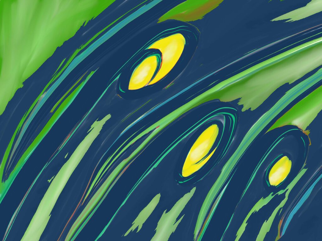 „Grow“, digitale Malerei von Michael Thalmann: Samenartige Formen, die sich durch grüne und blaue Bögen nach oben bewegen.