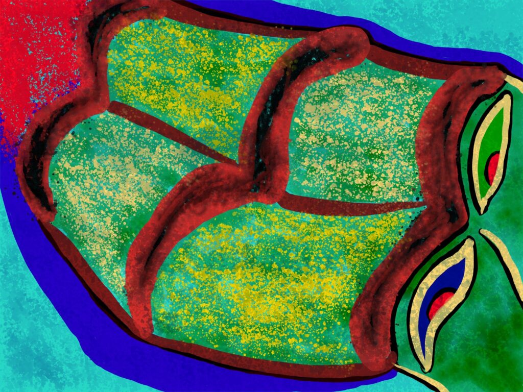 „Introspection“, digitale Malerei von Michael Thalmann: Strukturierte abstrakte Formen, die an Rüstung, organischen Körper oder einen nach innen gerichteten Blick erinnern.