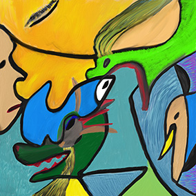 „Silenced“, digitale Malerei von Michael Thalmann: Übereinandergelagerte menschlich-tierische Formen in angespannter Wechselwirkung.
