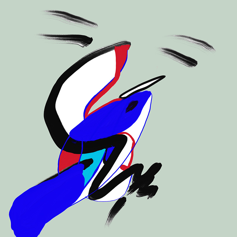 „Unsure“, digitale Malerei von Michael Thalmann: Kräftige Formen und unterbrochene Gesten, die Spannung und Mehrdeutigkeit andeuten.